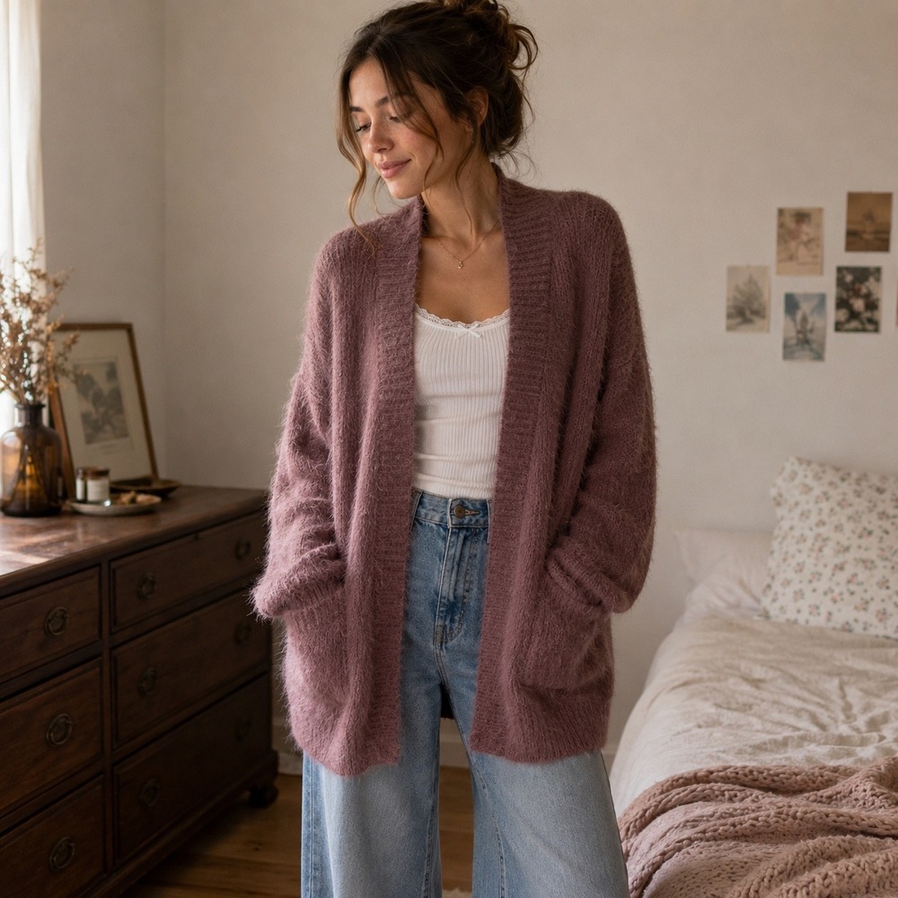 Pinch Dusty Mauve Fuzzy Eyelash Knit Cardigan Open Front Pockets Cozy Size S/M